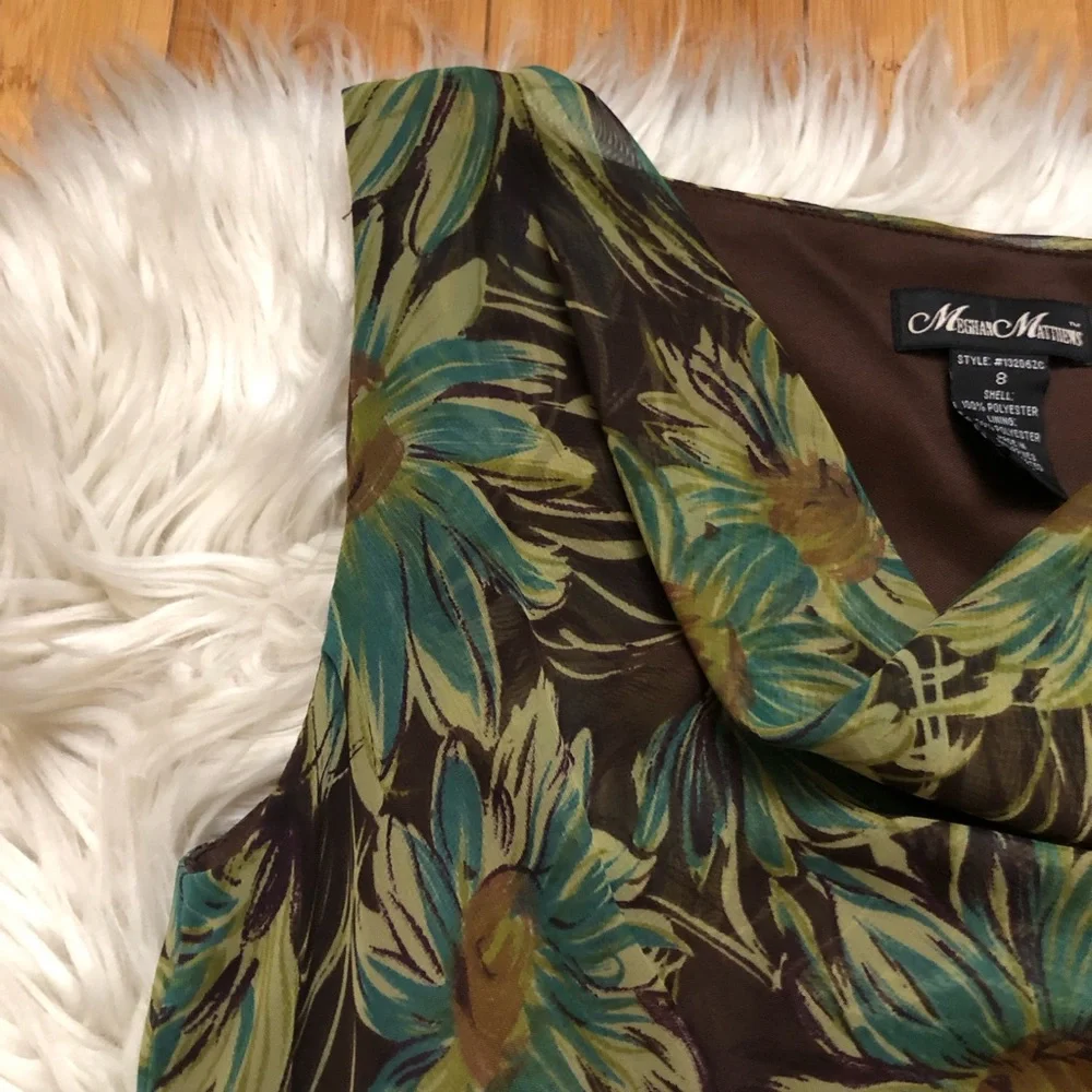 Meghan Matthews Daisy Floral Asymmetrical Sleeveless Green Brown Midi Dress 8 - Picture 3 of 10